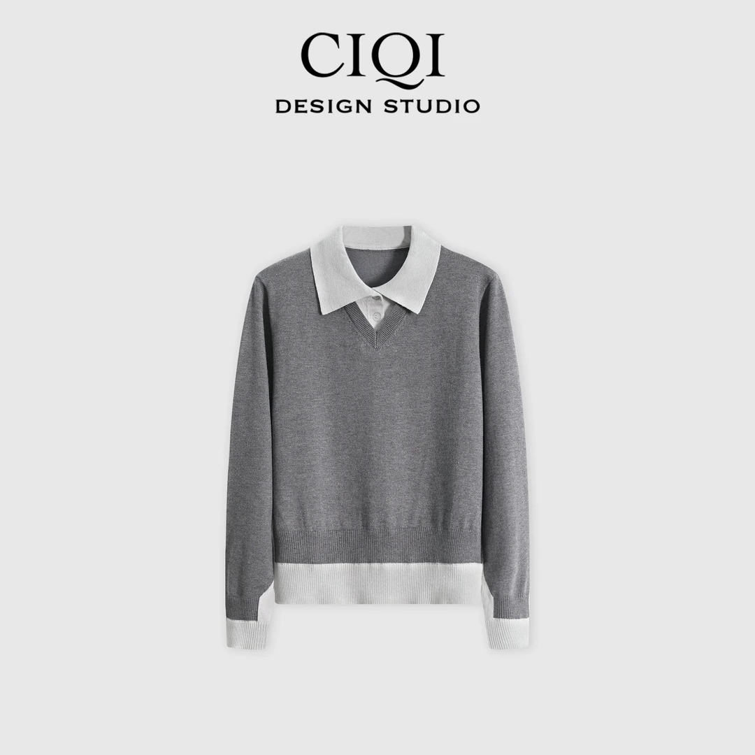 CIQI STUDIO【极简时刻】喵系醋酸羊毛羊绒假两件领上衣DY251003