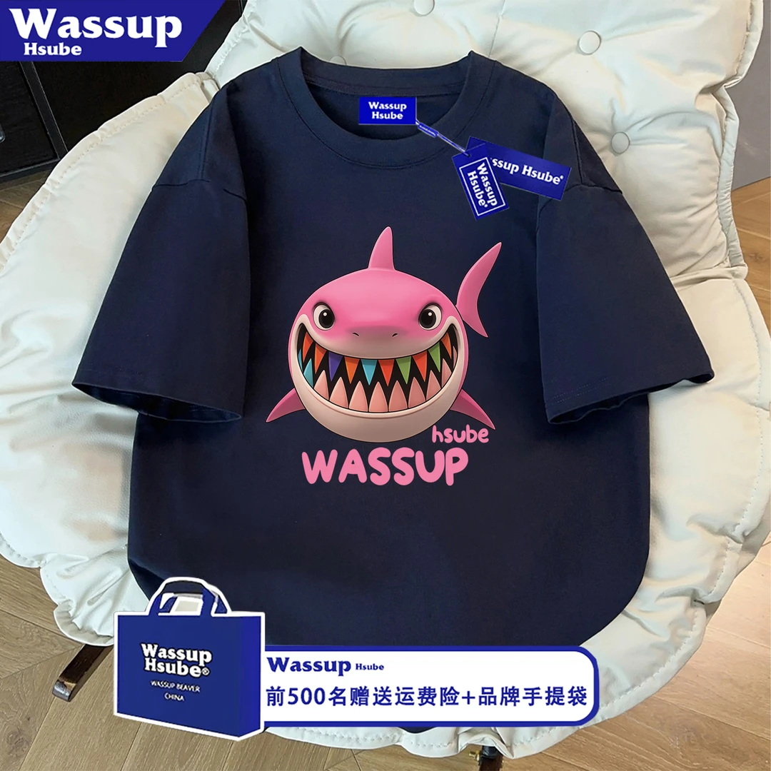 WASSUP HSUBE潮牌个性鲨鱼字母印花藏青色短袖T恤男百搭纯棉上衣