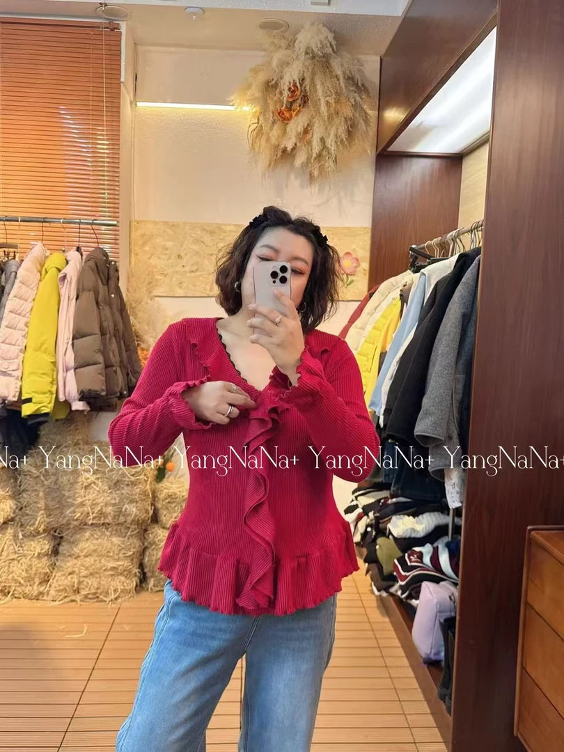 百搭大版时尚潮流气质长袖设计师木耳边雪尼尔条纹显瘦小衫上衣