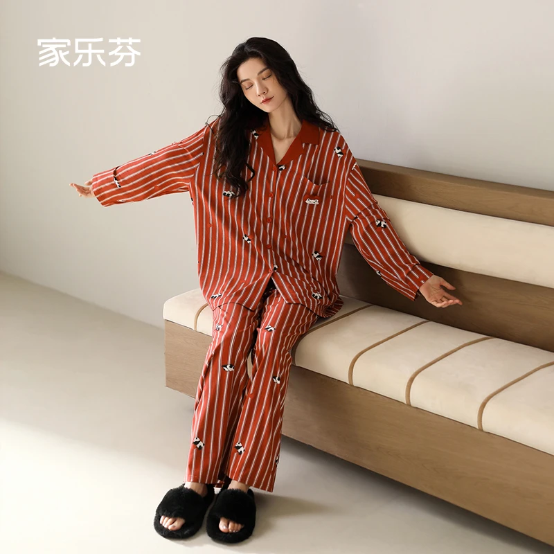 家乐芬红色睡衣女士春秋季纯棉长袖家居服熊猫条纹套装本命年马年