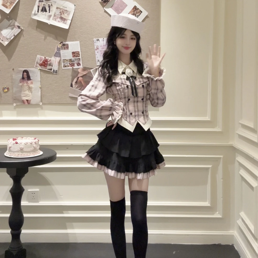 栗子团少女奥莉甜心【秋季新品】少女风甜美粉色假两件黑粉蛋糕裙