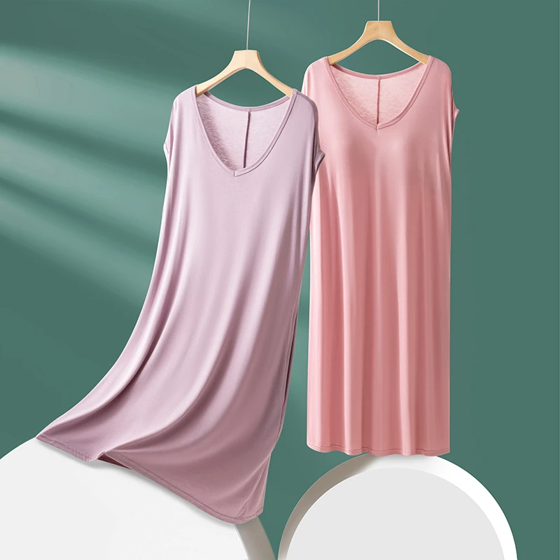莫代尔中长款家居服带口袋连衣裙夏外穿打底裙带胸垫睡裙女背心裙