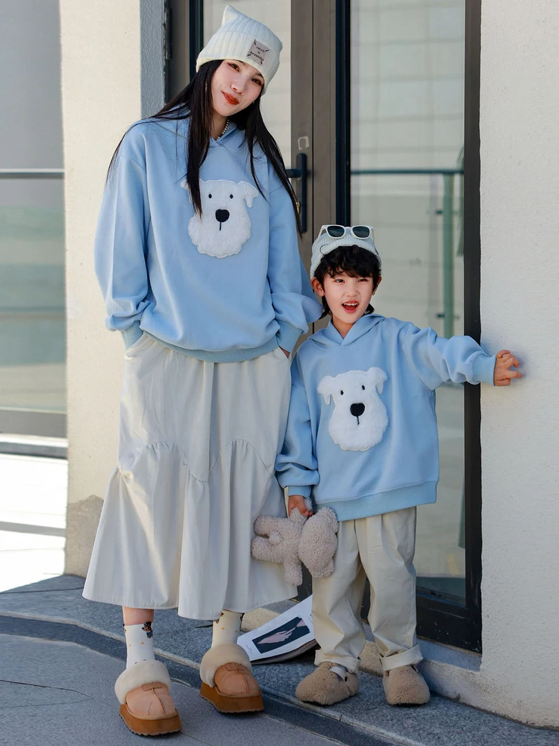 立体毛绒小狗连帽卫衣亲子装一家三口四口春秋季高级感母子母女装