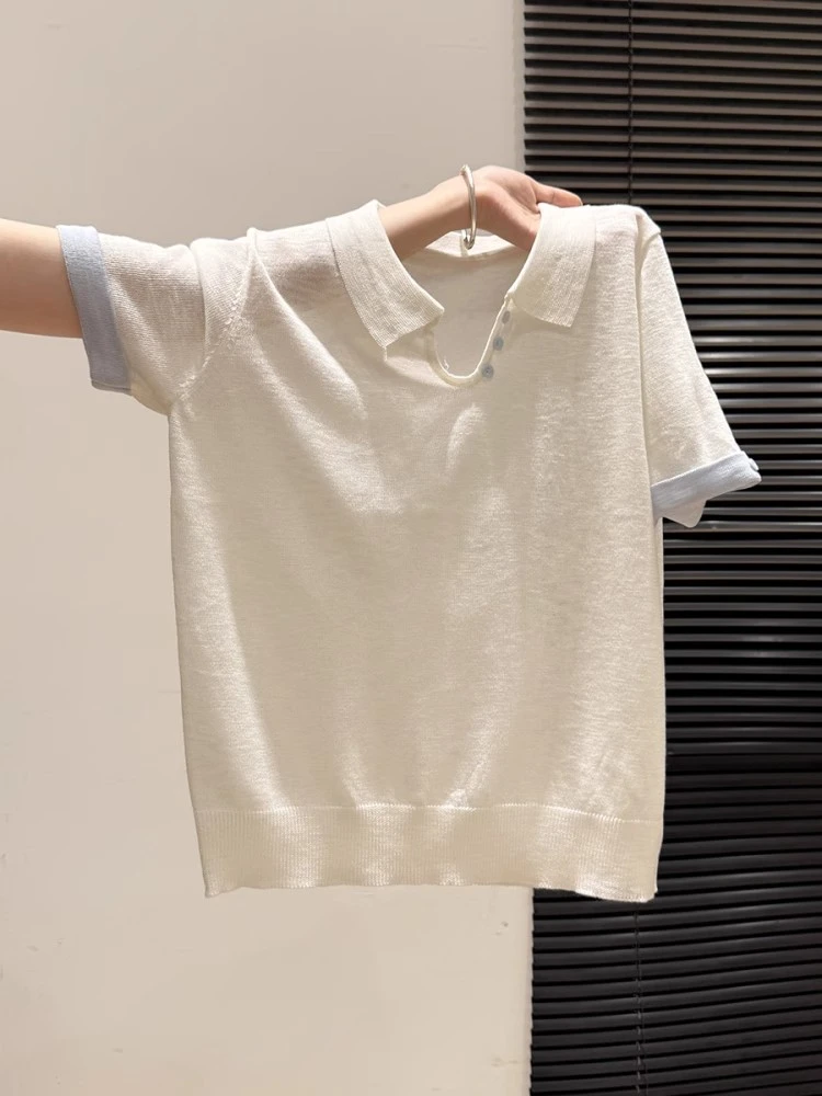 甜美纯欲纽扣高级感时尚短袖T恤女夏季新款翻领宽松慵懒别致上衣