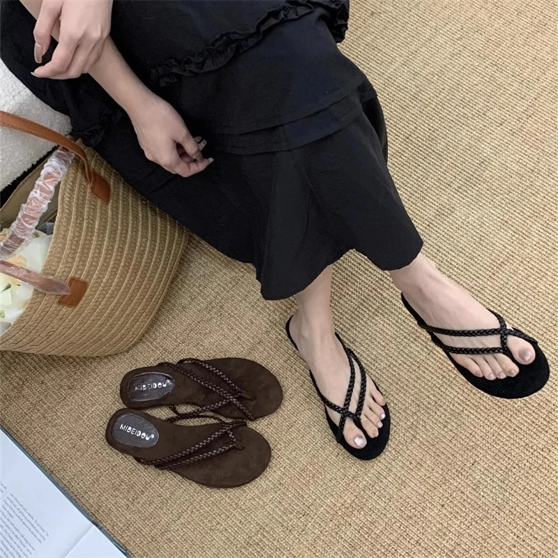 时装复古编织绳夹趾人字拖鞋女2025年夏季新款大码平底休闲沙滩鞋