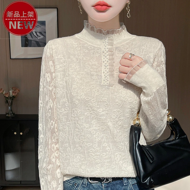 哥弟阿玛施正品新款蕾丝半高领针织衫时尚洋气镂空钉珠打底衫上衣