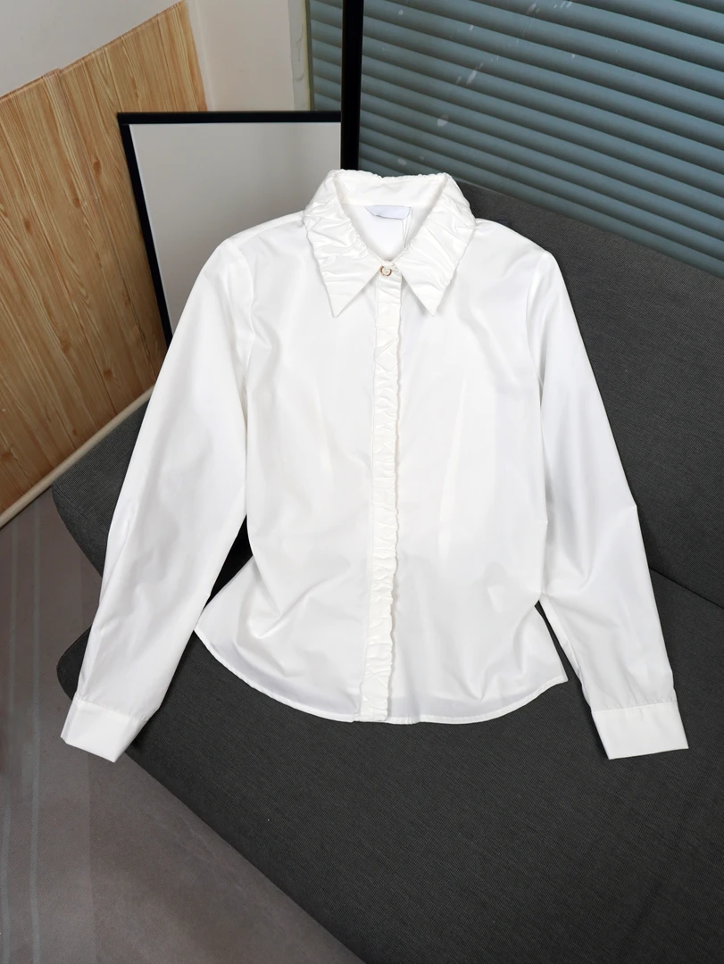 通勤常规长袖纯色翻领衬衫白色上衣极简风