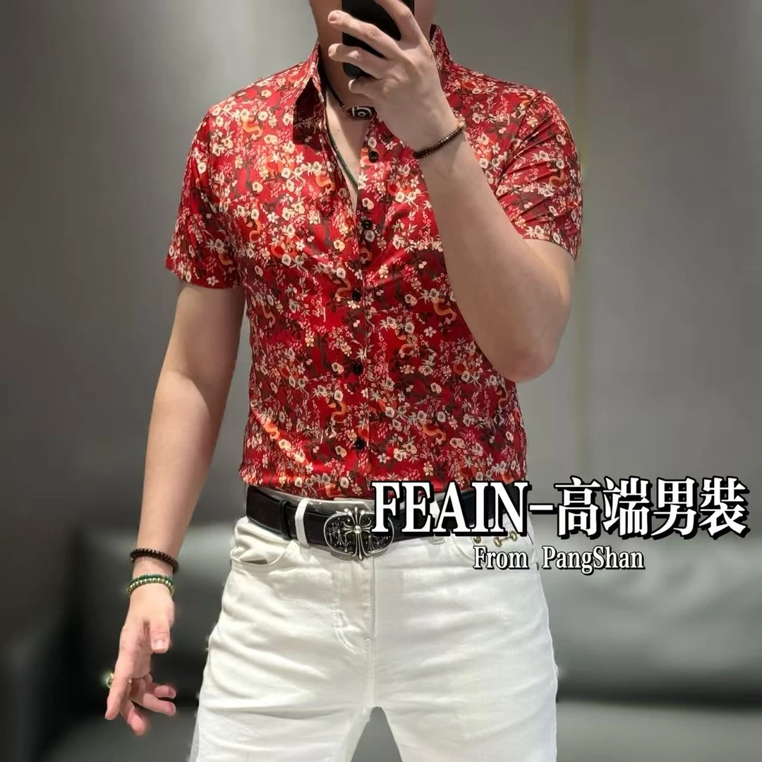 高端定制弹力莱卡金蛇狂舞复古港风小碎花短袖衬衫0621