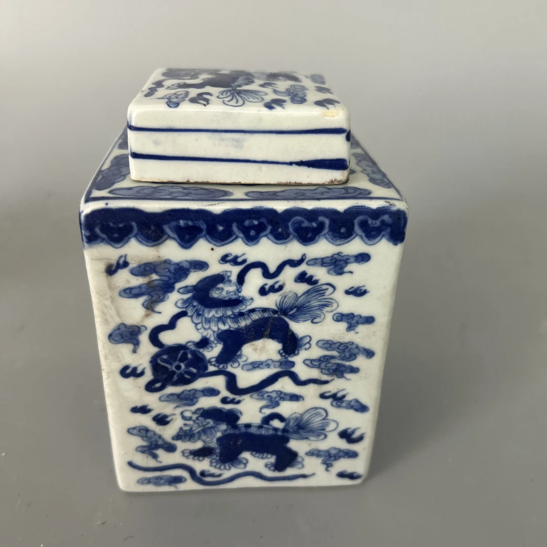 陶瓷 摆件 狮子滚戏球 四方茶叶罐