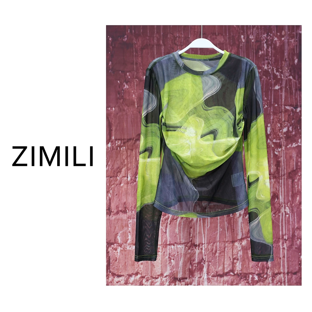 【程二女装】设计师款圆领抽象印染长袖宽松型休闲潮流款上衣3118