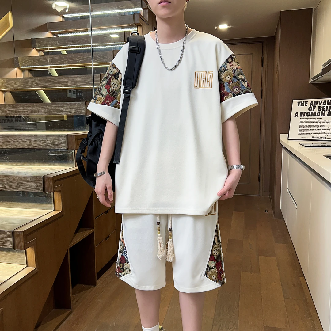 中国风男士夏季运动套装爆款男装2024新款刺绣宽松短袖短裤两件套