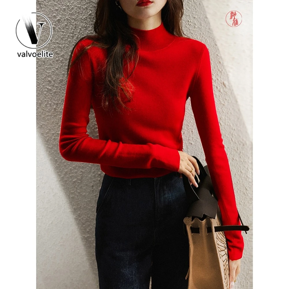 VALVOELITE2024本命年红色半高领打底衫秋冬季针织衫百搭毛衣小衫