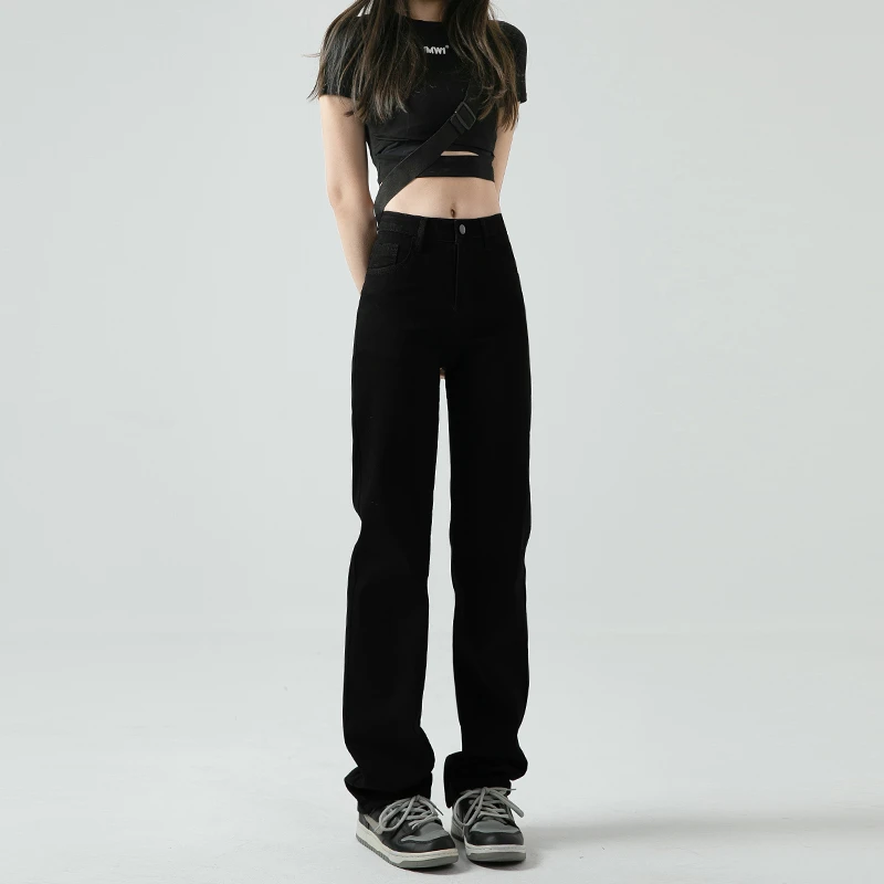 黑色加绒窄版直筒牛仔裤女2025新款高腰显瘦加长高个子弹力烟管裤