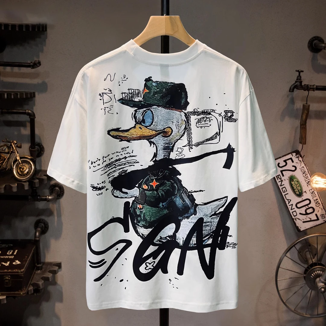 Cebrodz美式重磅纯棉T恤男款夏季潮流卡通涂鸦圆领五分袖落肩短袖