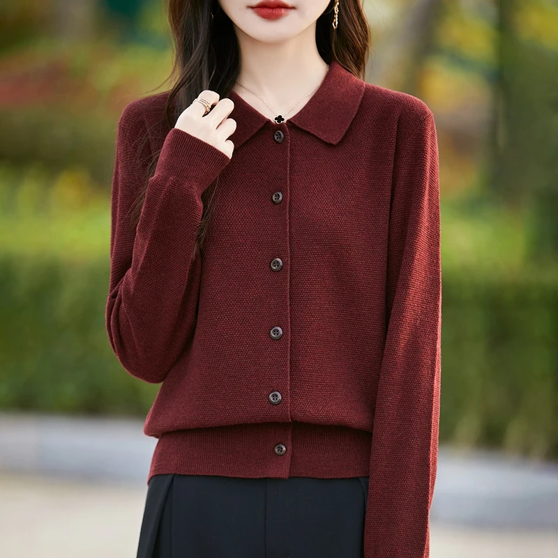 精纺Polo领开衫春秋季女士气质娃娃领长袖时尚百搭洋气打底衫