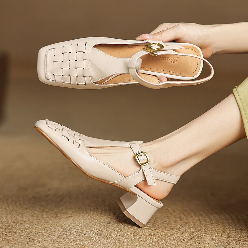 5CM头层牛皮编织方头粗跟后空凉鞋女夏季白色气质中空单鞋穆勒鞋