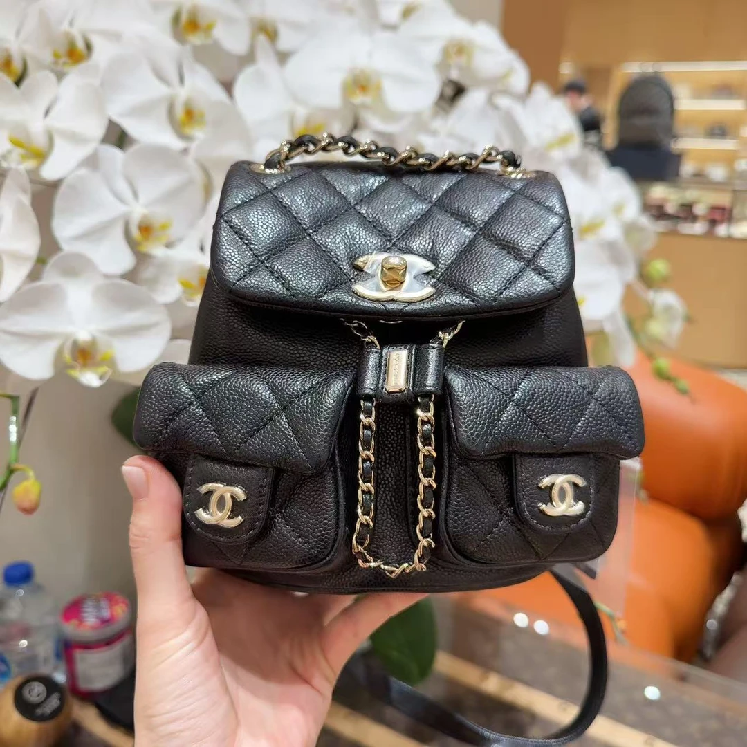 未使用 Chanel/香奈儿 25p青蛙Duma 黑金荔枝牛皮小号双肩包