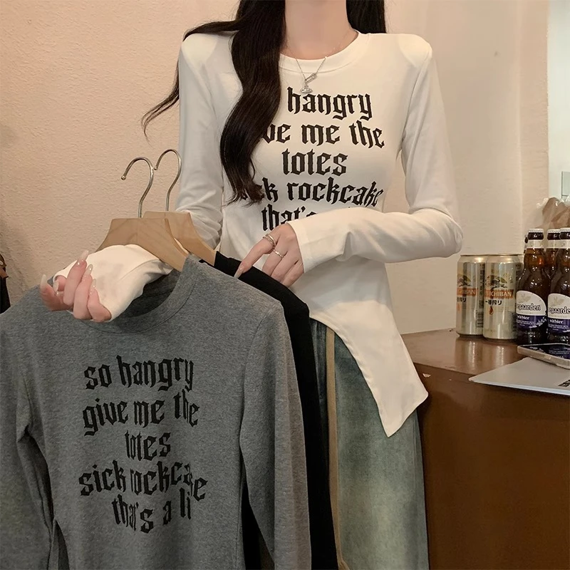 韩系新款女2025春季字母印花侧边不规则绑带开叉设计T恤辣妹上衣