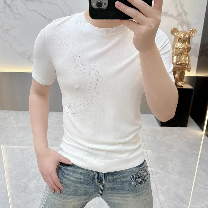 2025欧货轻奢男士针织冰丝短袖T恤时尚百搭夏季半袖烫钻上衣潮059
