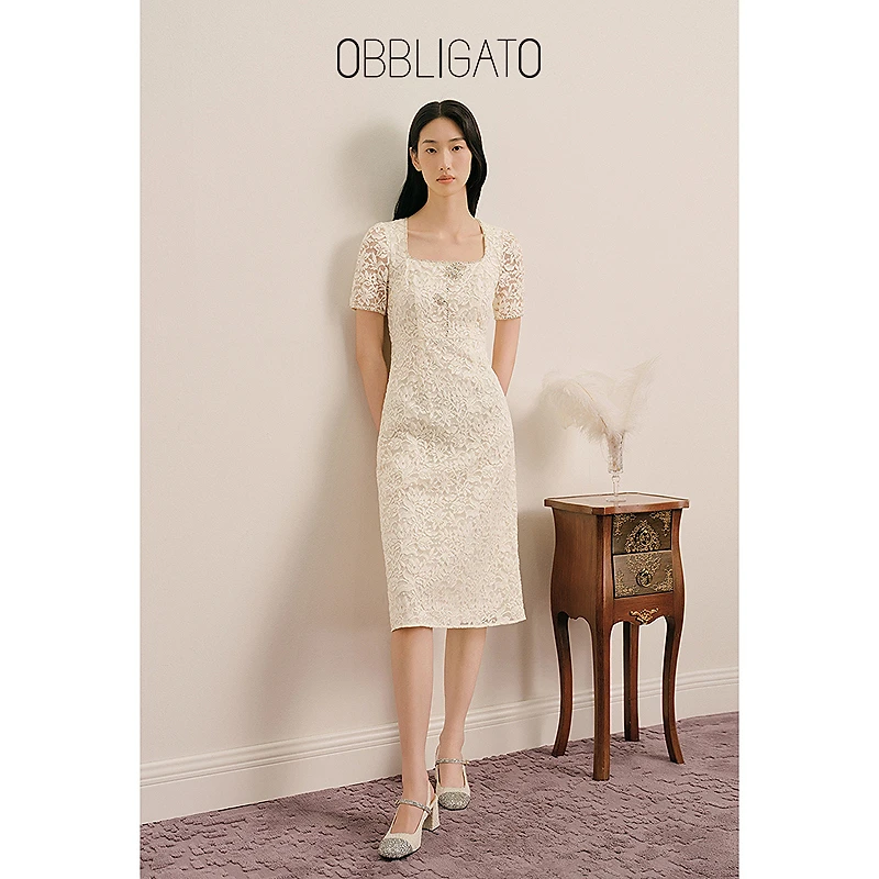 OBBLIGATO奥丽嘉朵2025夏季1C35205060新品蕾丝钩花镂空连衣裙