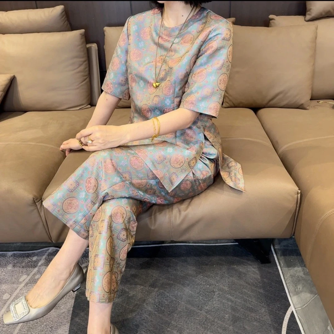新中式小富婆呈祥异色国风潮流复古短袖长裤夏季轻薄时尚两件套装