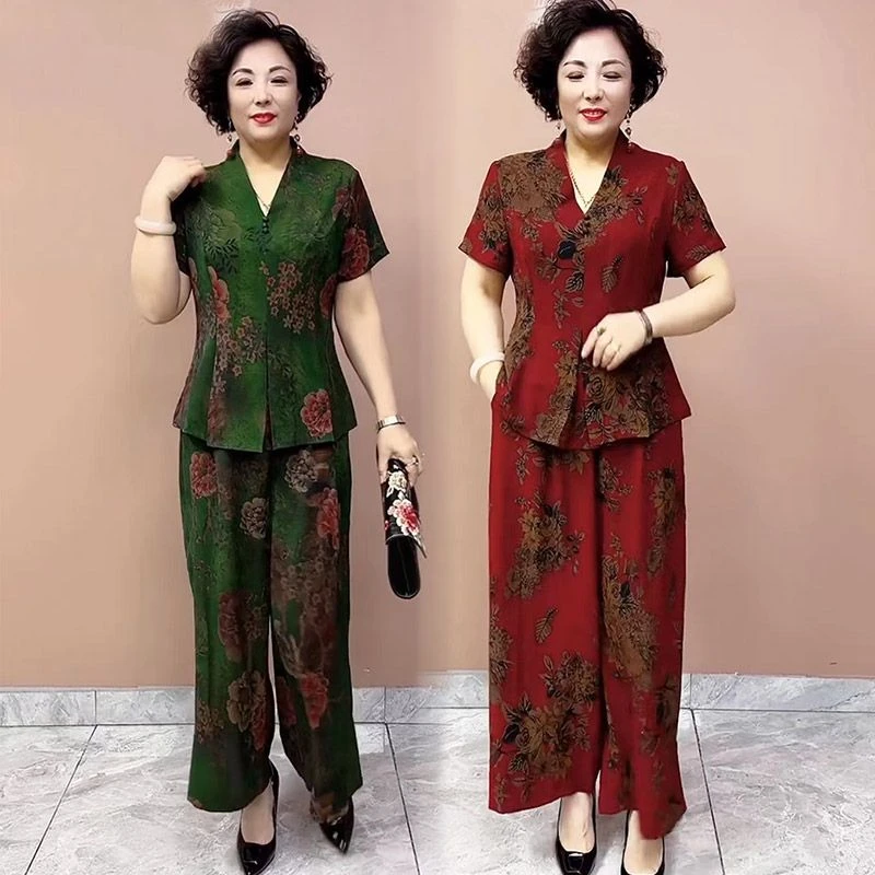 阔太太时尚两件套2025春夏新款复古印花大码珍珠缎宽松阔腿裤套装