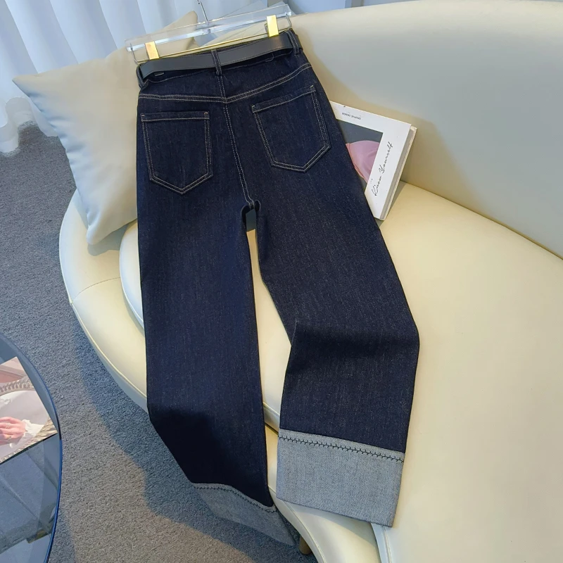 拉夏贝尔卷边烟管裤牛仔裤女春季25新款窄版丹宁蓝色裤直筒裤穿搭