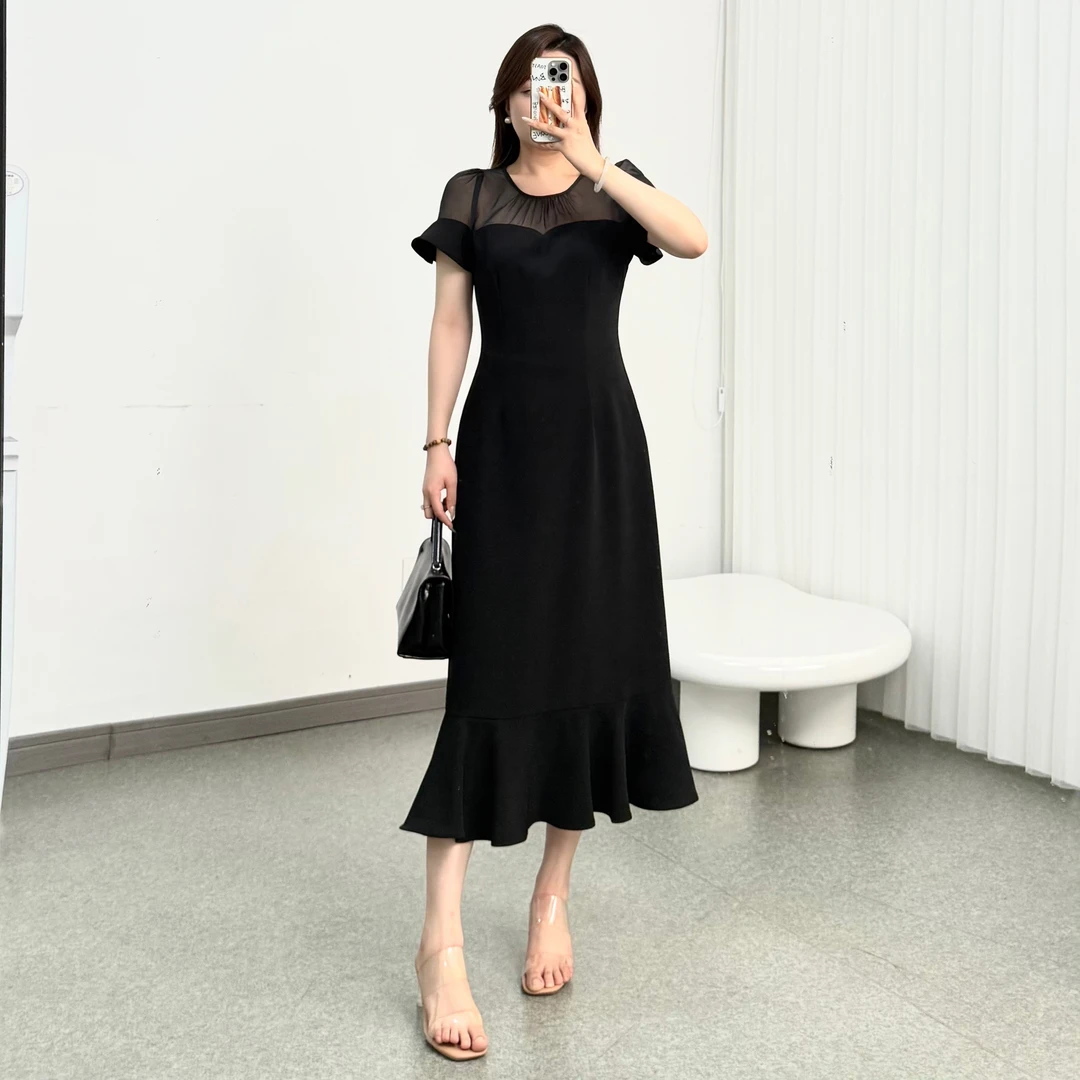 【荷包蛋}优雅夏季欧根纱拼接连衣裙收腰显瘦气质赫本风小黑裙