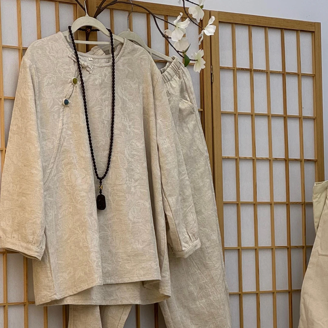 柔软透气|棉麻提花家居服套装裙子短裤男女款可外穿