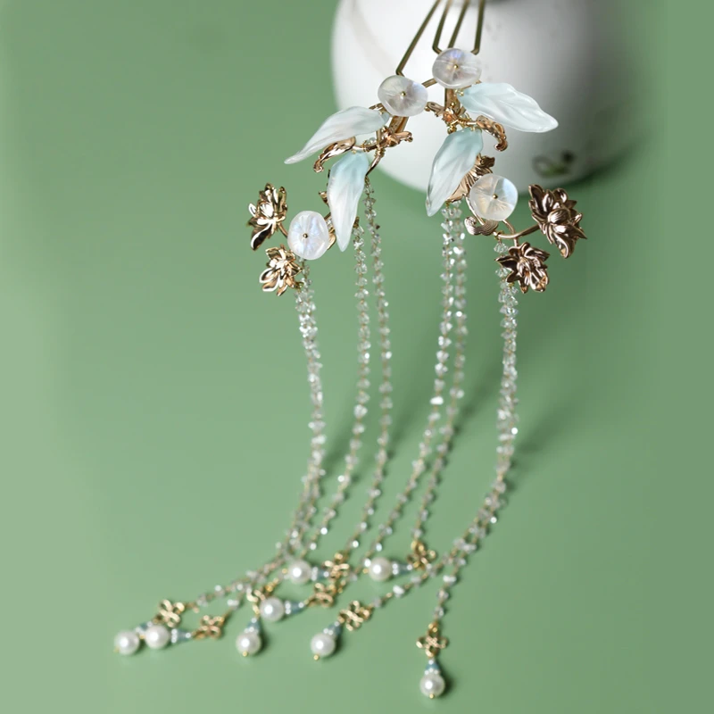 【月梦】淡蓝色琉璃花瓣锆石流苏步摇古典汉服宋