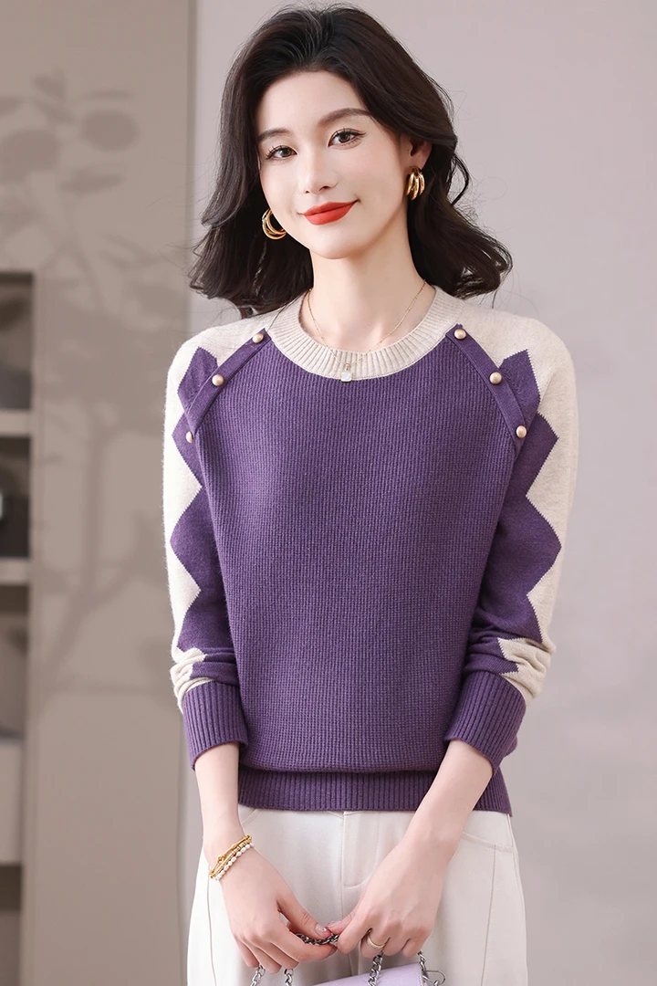 2025新款春秋圆领女装长袖洋气宽松显瘦拼色时尚针织气质百搭