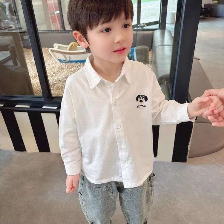 2025新款卡通刺绣男童宽松纯棉长袖衬衫春款中小童春秋季洋气白色