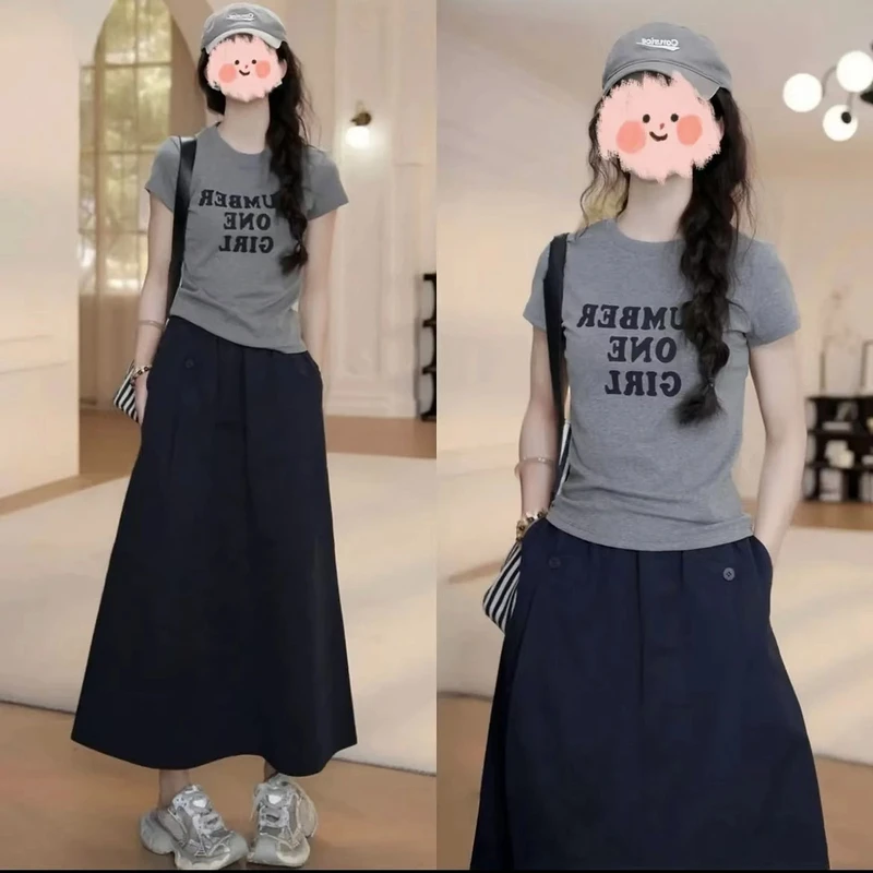 2025夏季字母印花短袖T恤上衣显瘦百搭半身裙休闲套装洋气衣服女