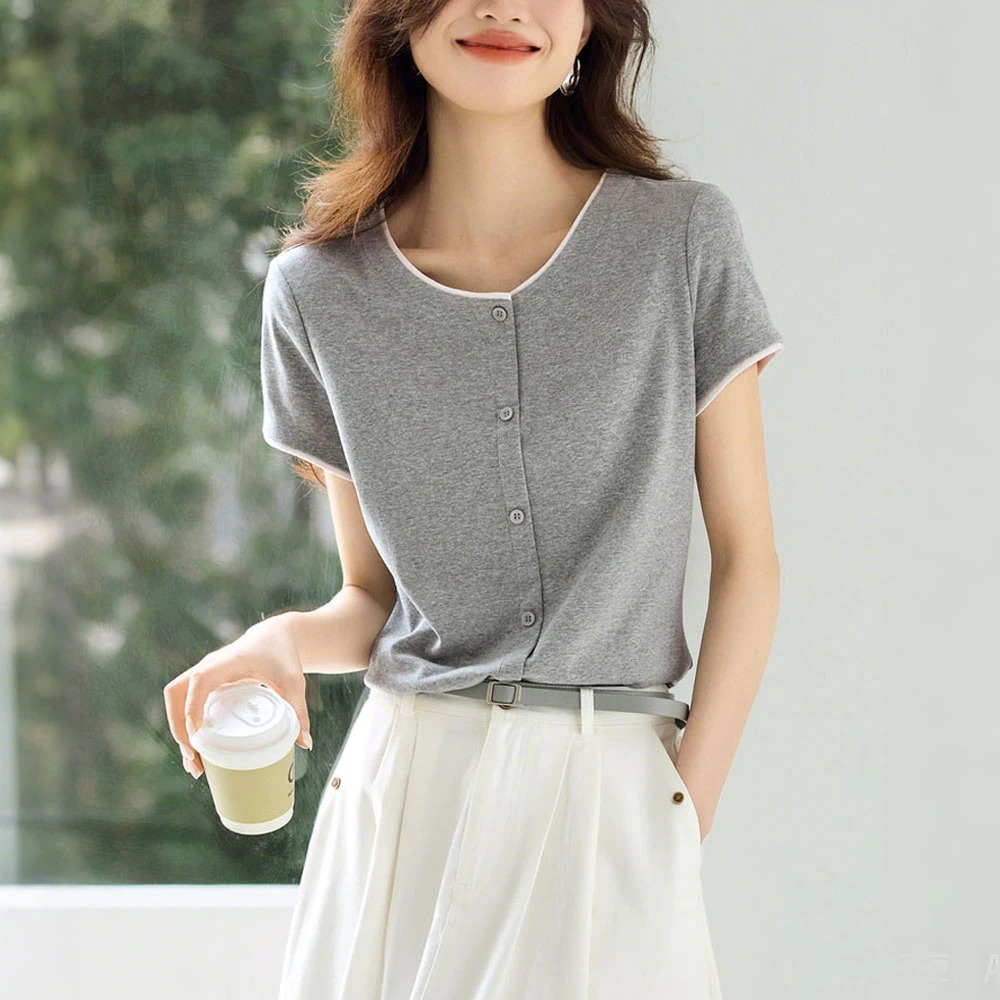 韩版简约复古纯色拼接纽扣圆领短袖棉质T恤女夏季新款衬衫上衣潮