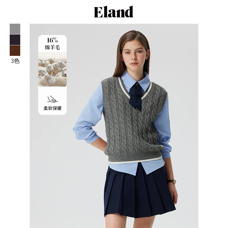 Eland衣恋针织马夹女V领学院风含绵羊毛保暖舒适马甲EEVKE49T91