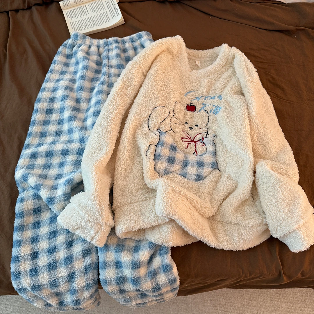 长毛绒睡衣女新款冬季可爱猫咪加厚保暖圆领网红珊瑚绒家居服套装