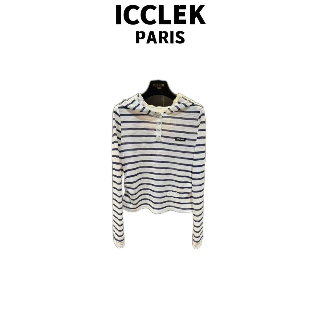 ICCLEK 藏蓝色条纹条圆领连帽上衣气质减龄百搭显瘦通勤-9018