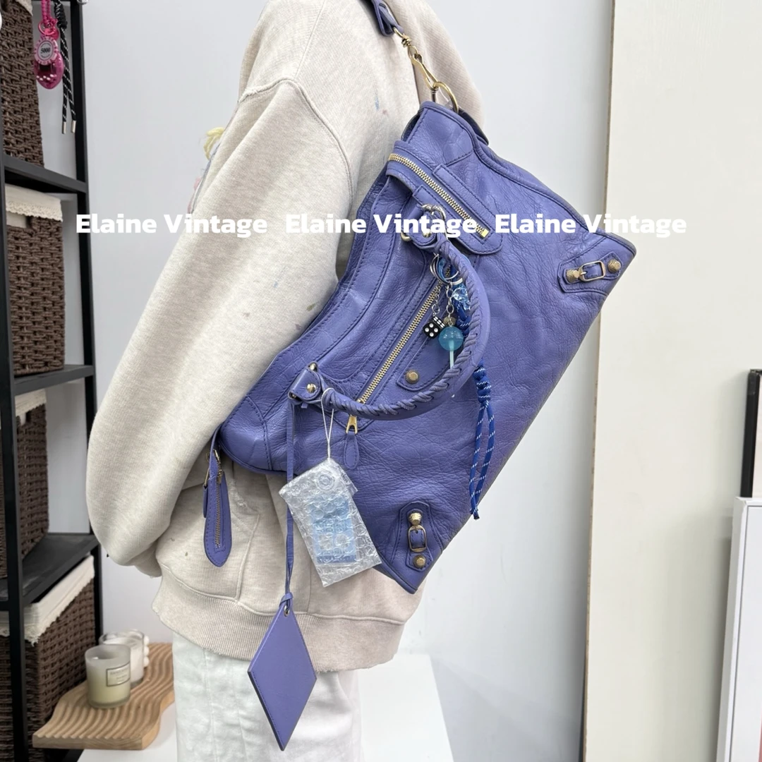 95新 Balenciaga/巴黎世家 紫色螺纹金钉city机车包（38cm）/Y891