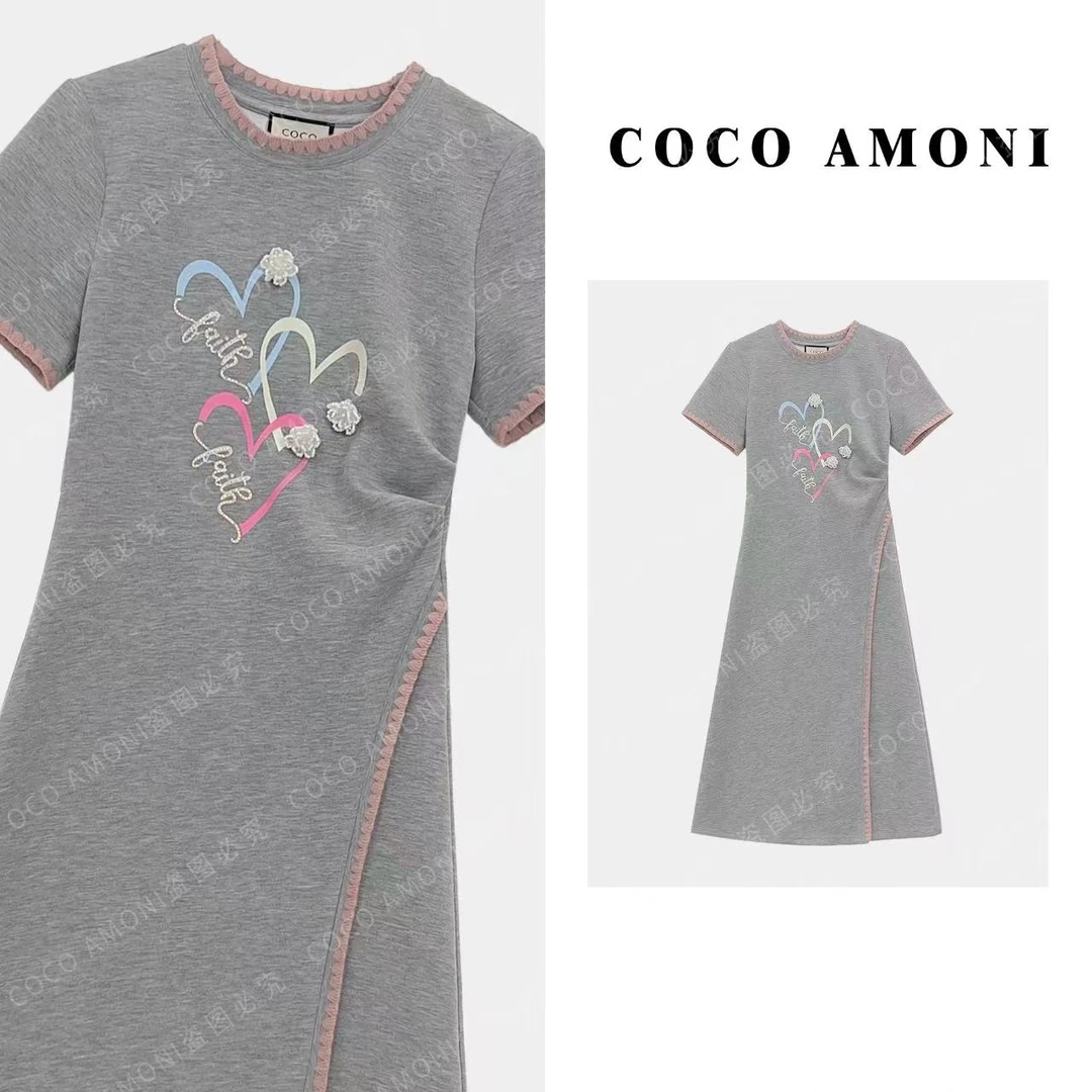 蓝白撞色拼接烫钻爱心花朵裙显瘦减龄百搭夏季长款连衣裙AC285