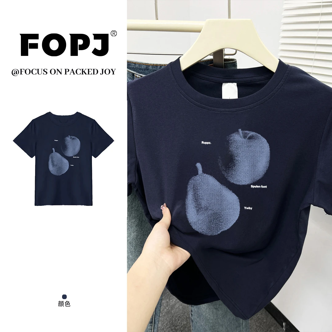 FOPJ夏季新款设计感正肩水果短袖t恤女时尚百搭修身显瘦圆领上衣