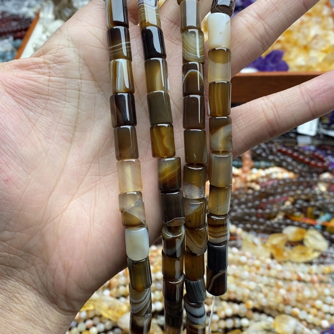 玛瑙/玉髓未镶嵌珠宝半成品一条天然8×12咖啡玛瑙直切桶珠