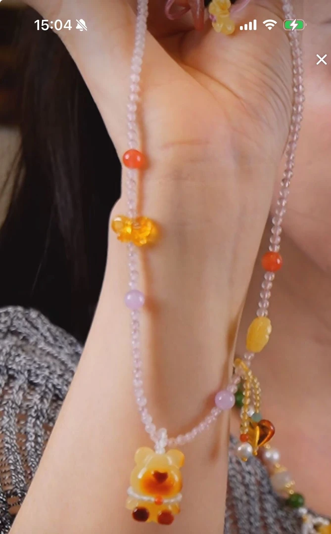 【宇涵珠宝】蜜蜡小熊DIY设计款粉水晶项链-多样性发