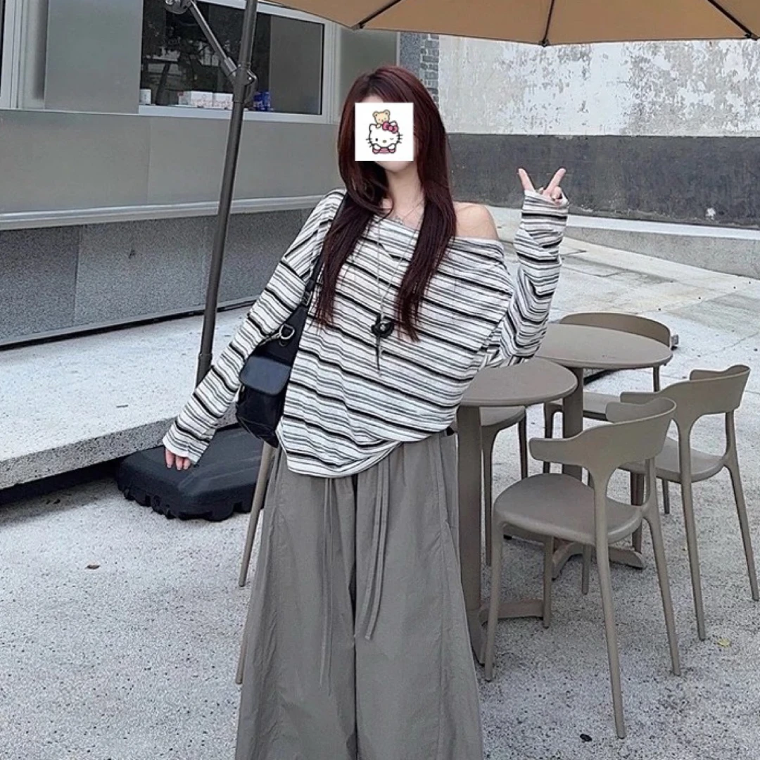 韩系斜领露肩条纹长袖T恤慵懒抽绳阔腿裤女2025秋季新款时尚套装
