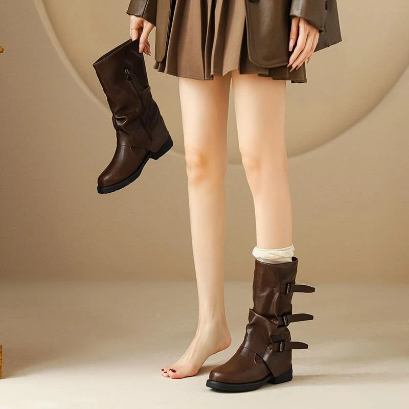 【官网小C&K旗舰店】中筒堆堆靴女2025春秋冬季新款棕色粗高跟英