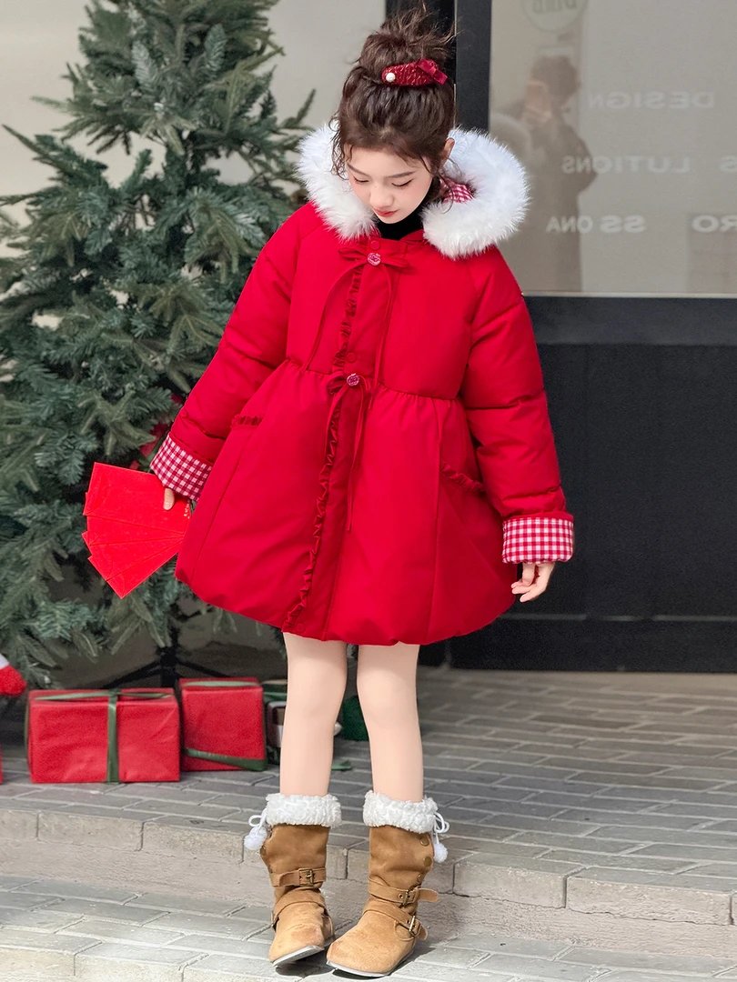 女童红色毛领棉服冬季2025新款儿童冬装加厚中大童新年装棉袄外套