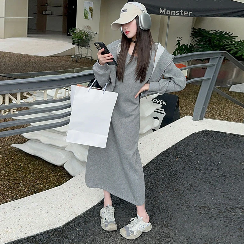 女童2025春秋新款中大童运动衣帽外套百搭长款吊带连衣裙潮款套装