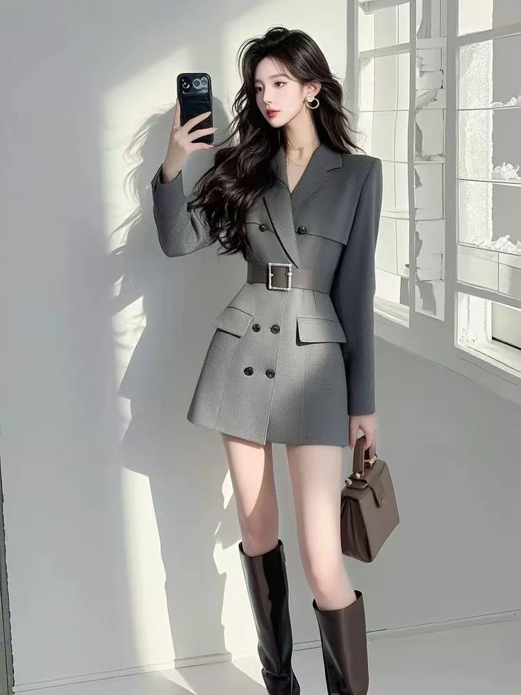 SS570裙子2025春季法式高级感重要场合气质收腰灰色西装连衣裙