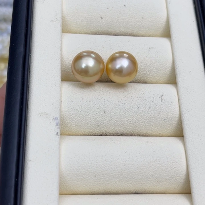 海水珍珠耳饰银S925镶嵌金珠素钉11-12mm