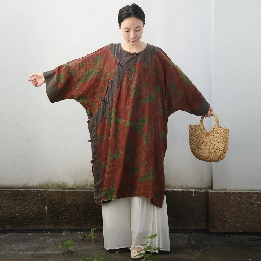 乱在江南民族风复古斜襟盘扣亚麻连衣裙中长款宽松大码中式袍子