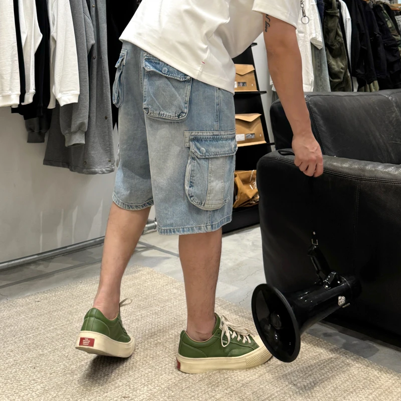 郑郑郑NEIQ竹节拼接撞色多口袋重磅石磨酵洗工装牛仔裤牛仔短裤